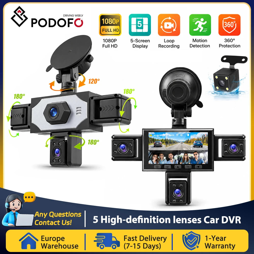 Podofo 1080P Car Video Recorder Black Box 5 Lens Car Dash Cam Hardwire Kit Car Accessories Including 480P Left Interior, Right Interior, And Rear View Cameras Driving Recorder