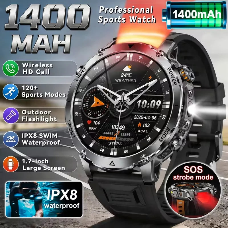 2026 Men SportsWatch, 1.7' Round HD Screen, 1400mAh, Dual LED (SOS Red+White), 120+ Sports, IPX8 Waterproof, Wireless Call, Gift