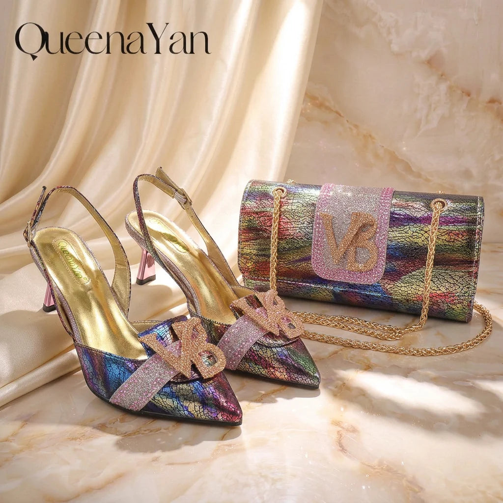 2026 Women Shiny Holographic Rainbow Slingback Heel Matching Bag Set Sparkly Rhinestone Letter Embellished Pumps for Wedding