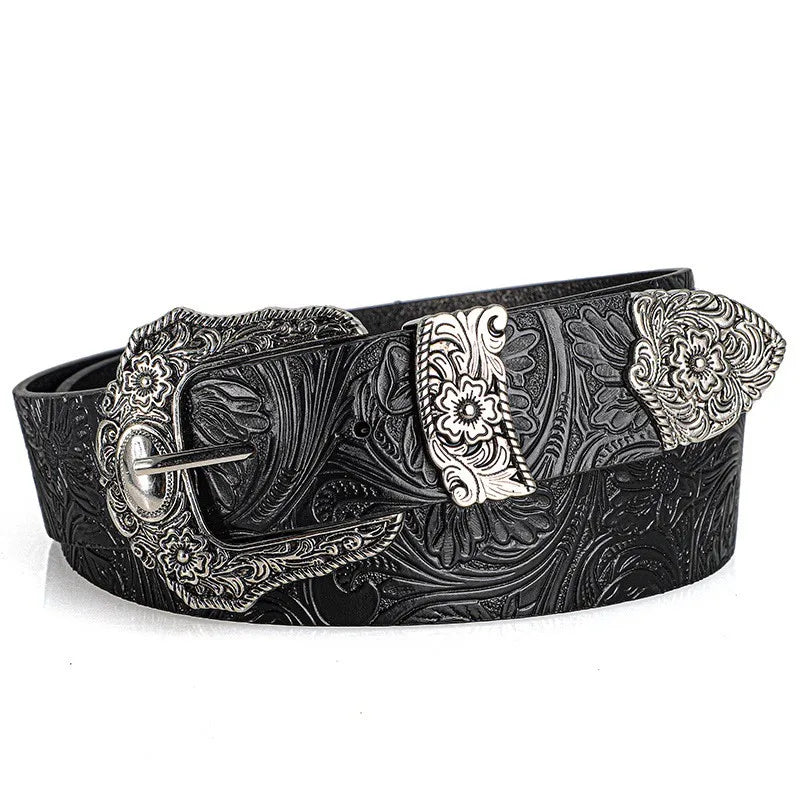 New European and American style women's belt, vintage rhinestone carved buckle belt, trendy printed jeans belt, unisex
