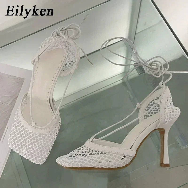 Eilyken Spring Women Pumps Mesh Sandals Shoes Female Square Toe High Heel Lace Up Cross-tied Stiletto Hollow Tacones De Mujer