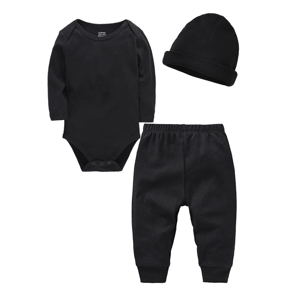 2/3 Pieces Set 100% Cotton Baby Rompers Pants Hat Blank Colors Kids Trousers Plain Newborn Clothing Muslin Bodysuit Clothes