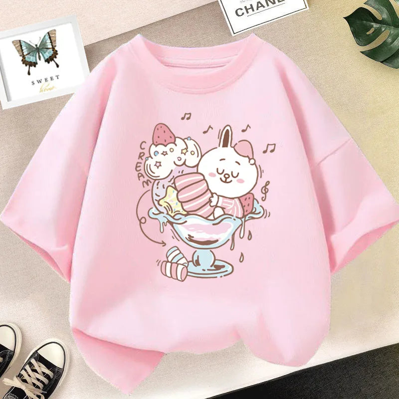 Strawberry Juice Graphic Print T-shirt Girls Aesthetic Pink Tops Tee 2023 Summer New Fashion Kids T Shirt
