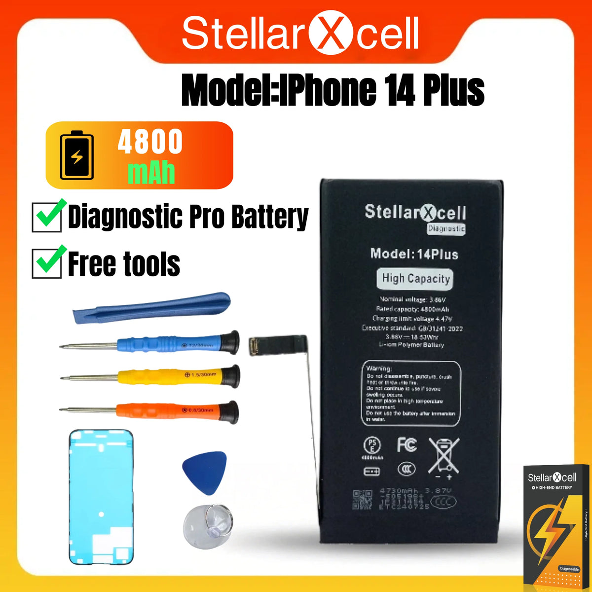 StellarXcell Diagnostic Battery Show Genuine Part No Pop Up Message for iPhone 12mini 13Pro 14Plus 15Promax Battery Replacement