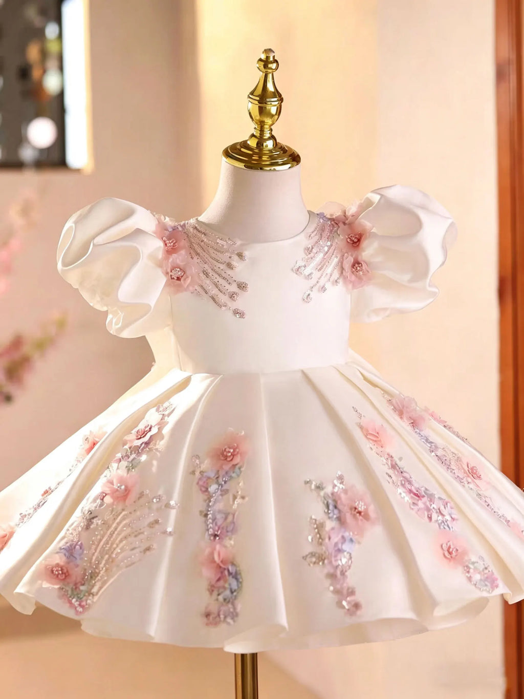 Jill Wish J892 White Girls Dress 3D Flowers Puff Sleeve Kids Wedding Dress Sequin Embroidery Birthday Party Gown with Headband