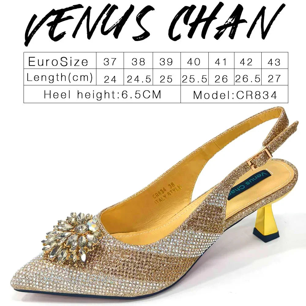 2024 Italian Design Rhinestone Luxury Wine Colour Pointed Toe Shoe & Bag Set Women's High Heels for Parties By Venus Chan