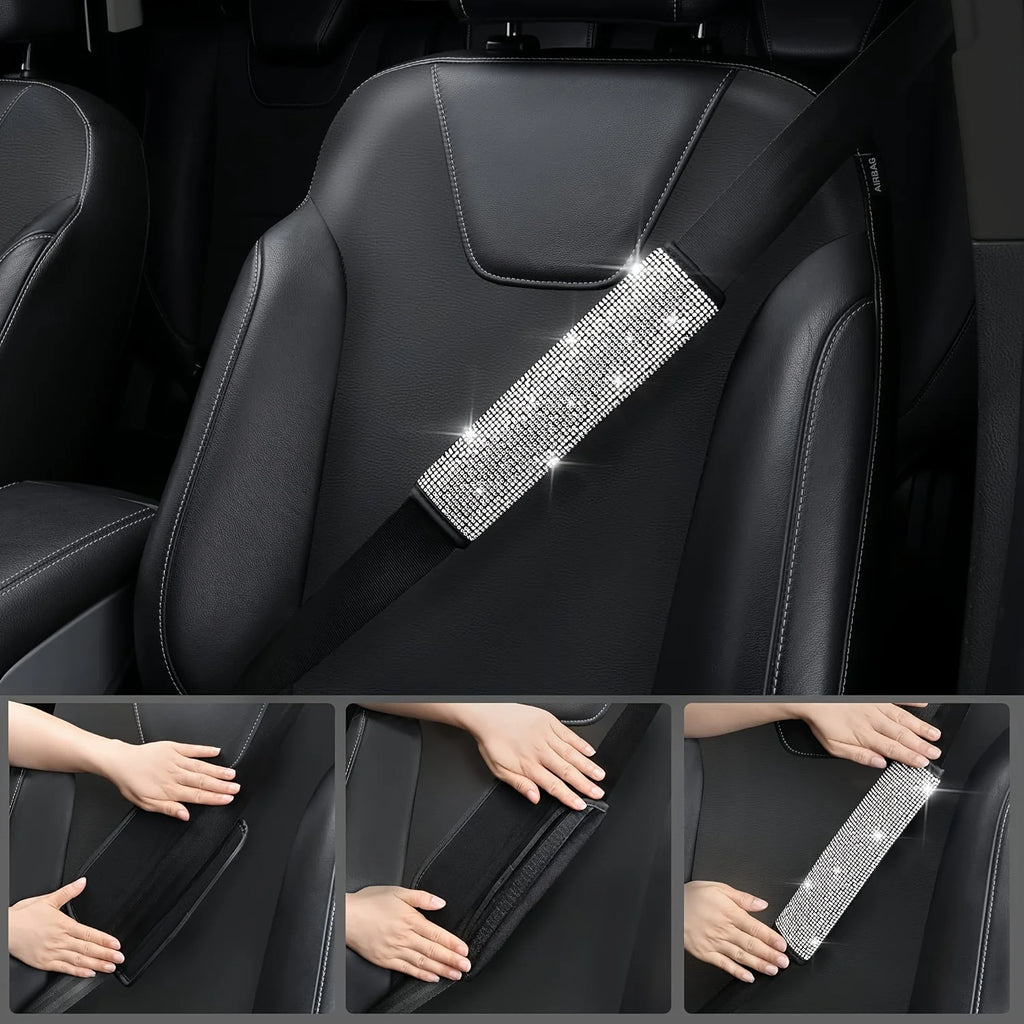 12pcs Bling Car Accessories Set, Bling Car Floor Mats Universal Fit Most Cars, Bling Steering Wheel Cover Universal Fit 15 Inches, Seat Belt Covers, Gear Shift Cover, Car Coasters, Start Button Ring, Bling Car Accessories for