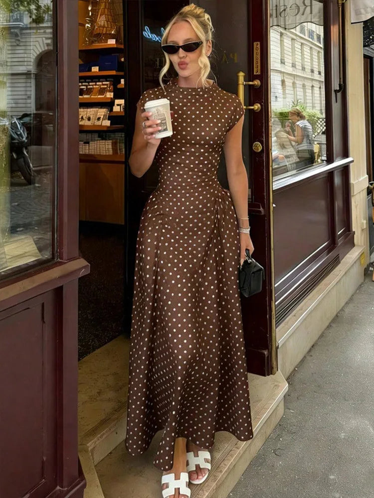 Elegant Polka Dot Long Dress Women's High Waist A-line Maxi Dresses Evening Party Summer Holiday Resort Blue Black Green White