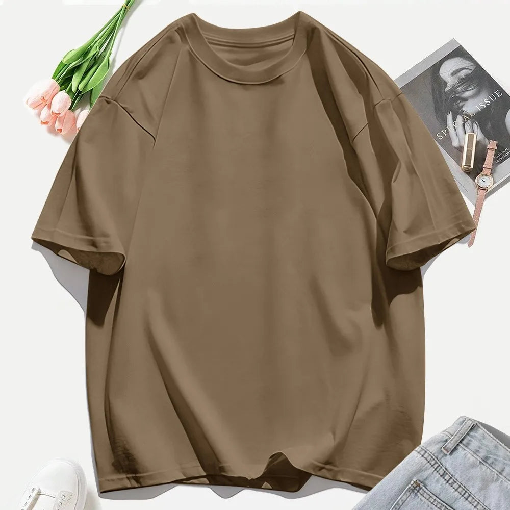 Y2K Woman 100% Cotton T Shirts Solid Color Casual T-Shirt O-Neck Summer Tops For Women Fashion Oversized Female Sportswear
