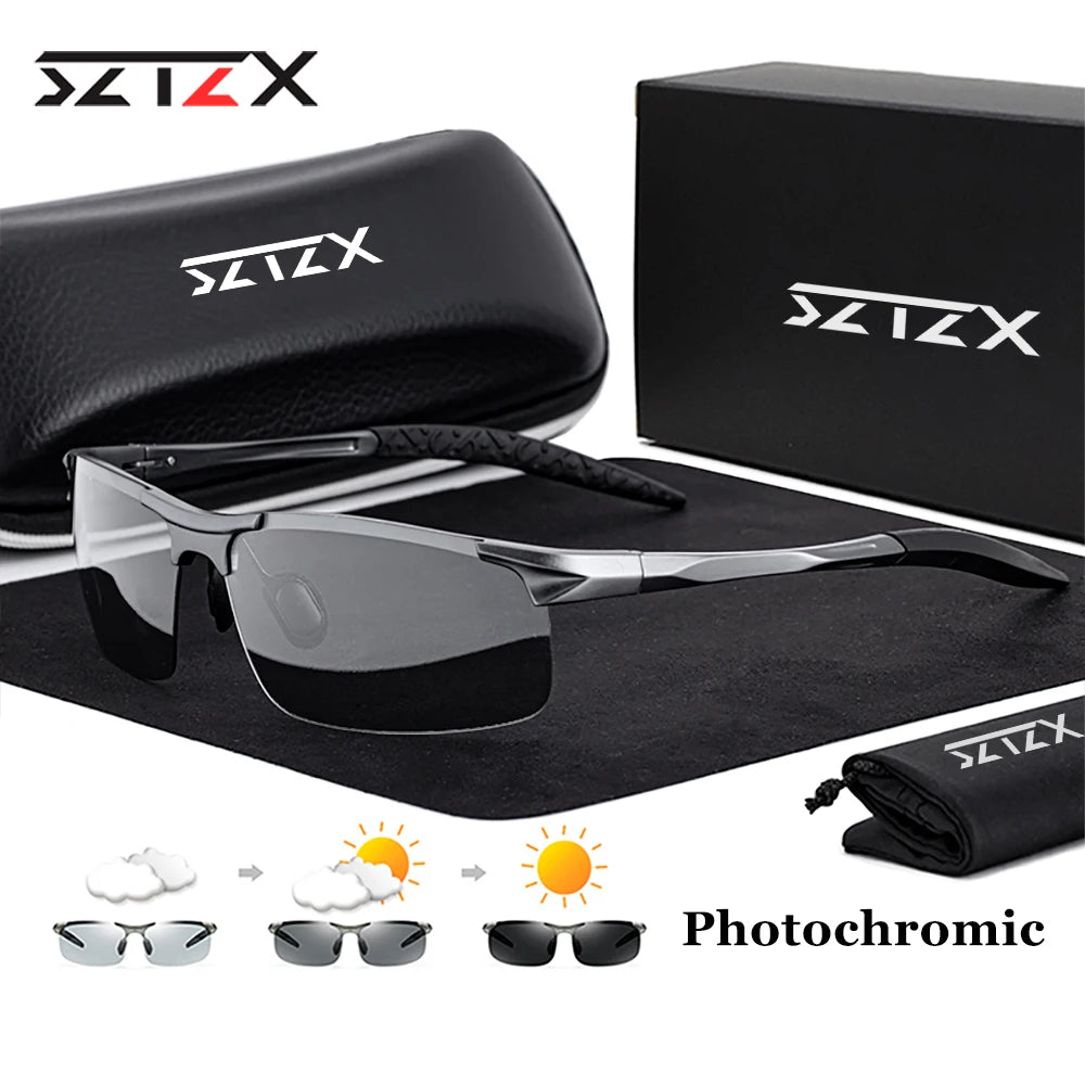 SZTZX Aluminium Rimless Outdoor Sport Photochromic Sunglasses Men Polarized  Anti-UV Driving Fishing Glasses Cycling Goggle