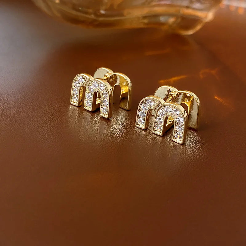 Double-sided Zircon Dripping M Letter Light Luxury High-end Hoop Earrings French Personality DesignTemperament Earring K