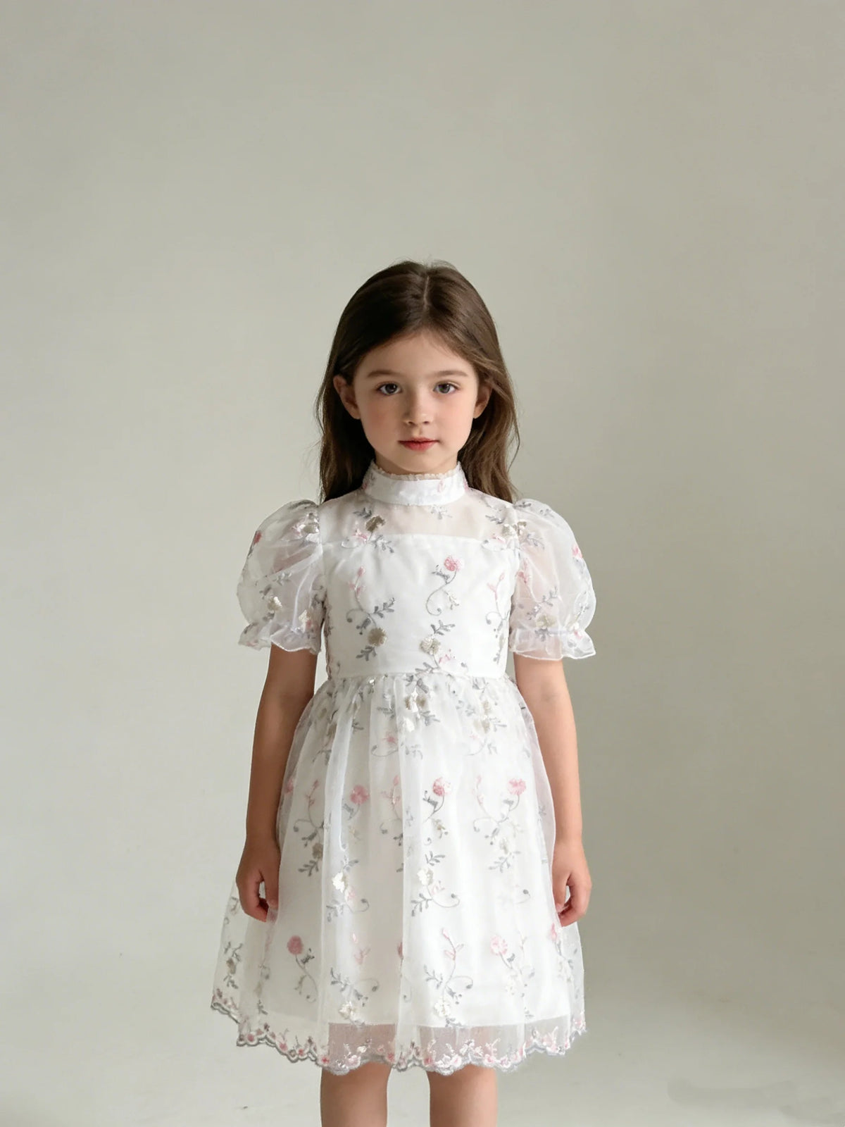 Spring And Summer Girls Flower Embroidery Princess Sleeves Sweet And Cute Hosting Banquet Mesh Dress