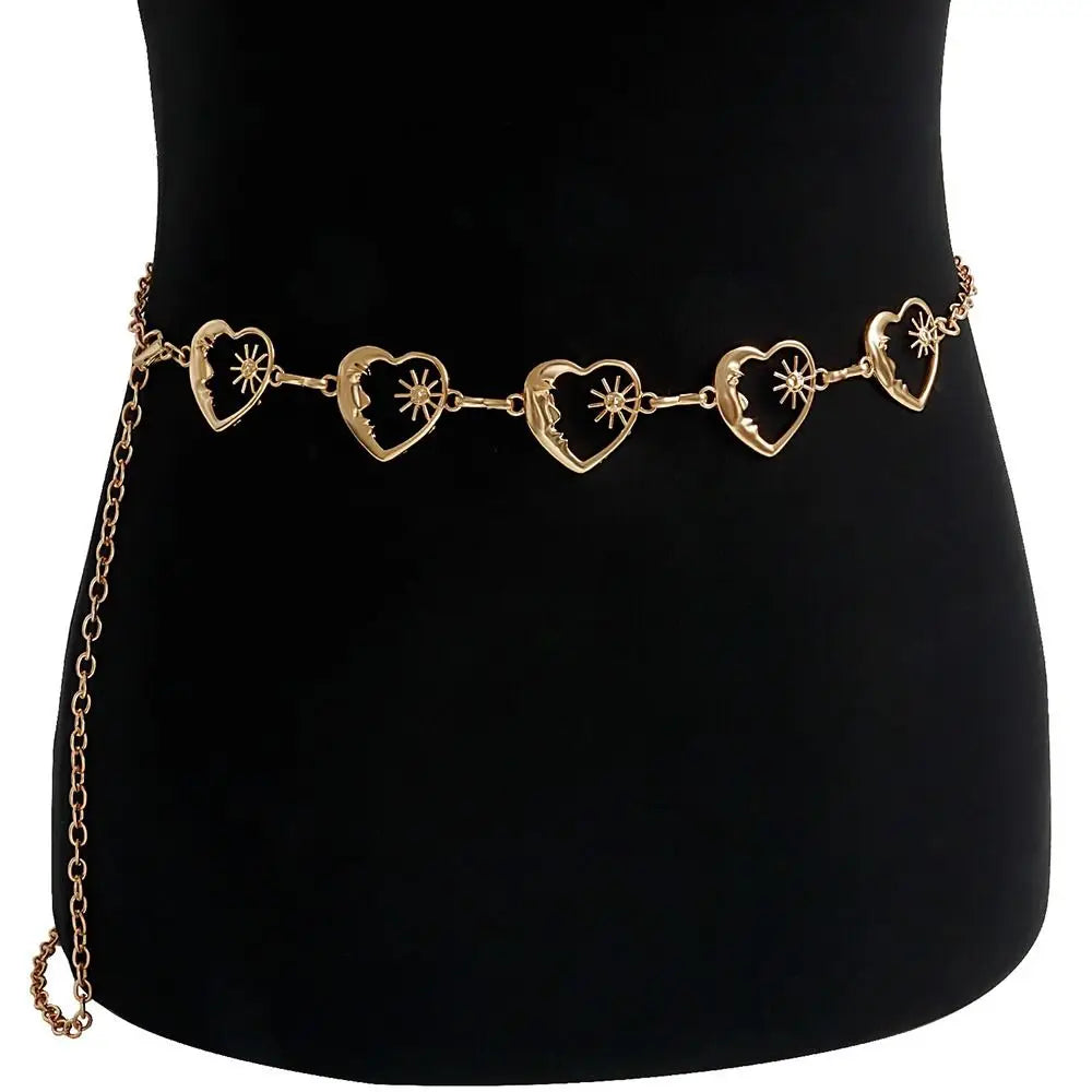 Punk Hip Hop Style Thin Waist Chain Sun Moon Star Women Chain Belt Vintage Fashion Metal Alloy Waistband Clothing Accessories
