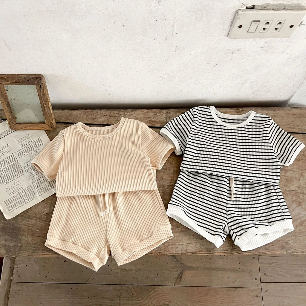 Korean Version Summer Kids Baby Girls Boys Short Sleeve Striped Top Tees +shorts Pants Infant Cute Pure Cotton Clothing Set