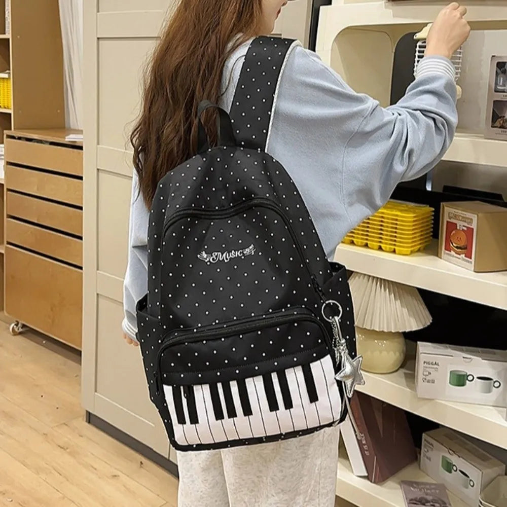 New Large Capacity Polka Dot Backpack Lightweight Multifunctional Piano Key Backpack Black Piano Mochilas for Women
