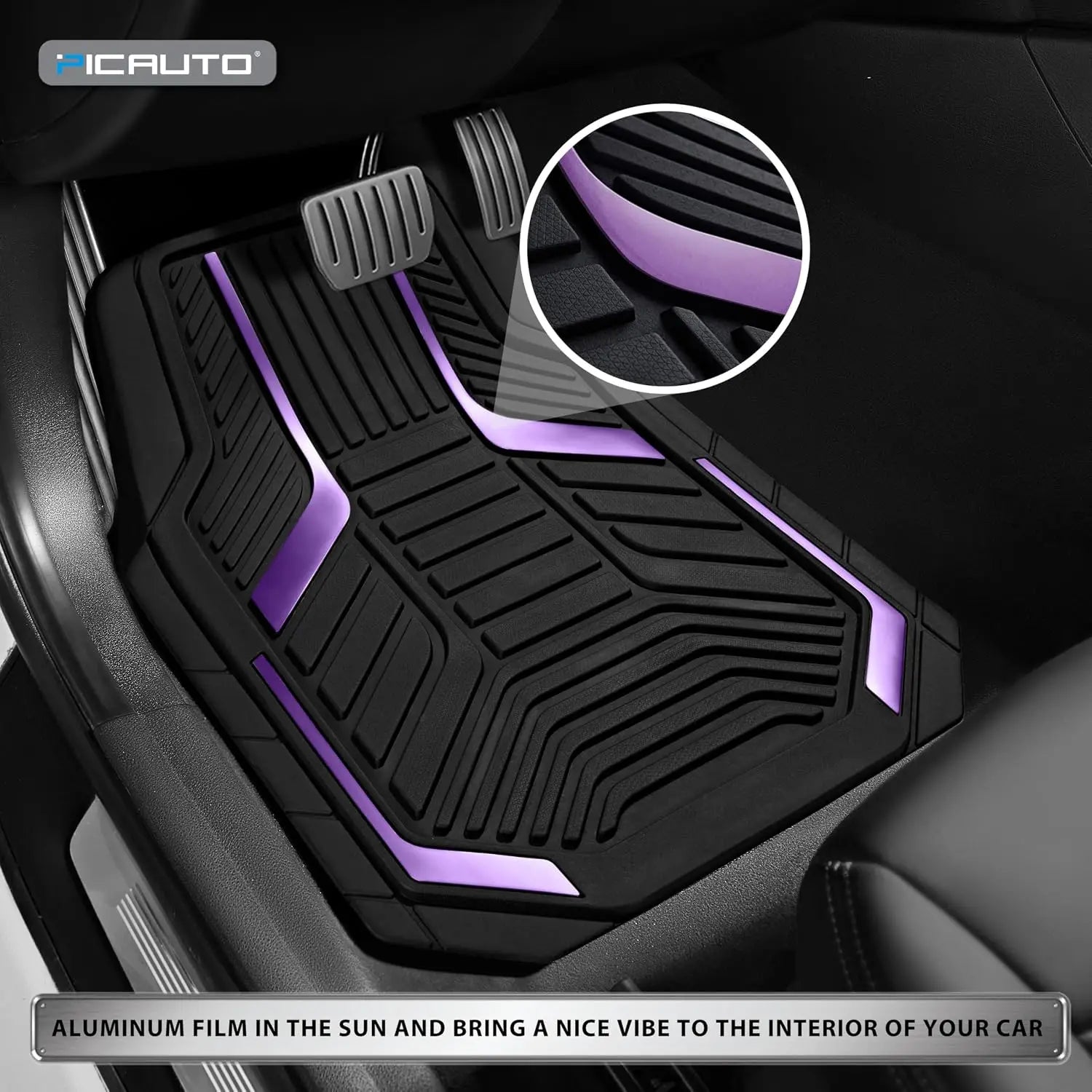 Heavy Duty Rubber Floor Mats, Purple Aluminum Film Car Mats Set, Front and Rear Car Mats with Anti-Slip Backing, All Weather Protection, Trim-to-Fit for Automotive SUV, Sedan, Van