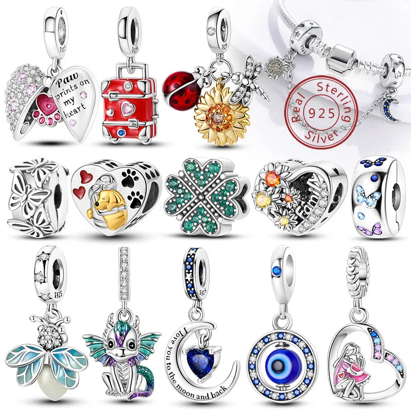 Hot Sale Charm Bead Pendant 925 Sterling Silver Firefly Love Heart Cats Dogs Sunflower Charm for Bracelet Women DIY Jewelry Gift
