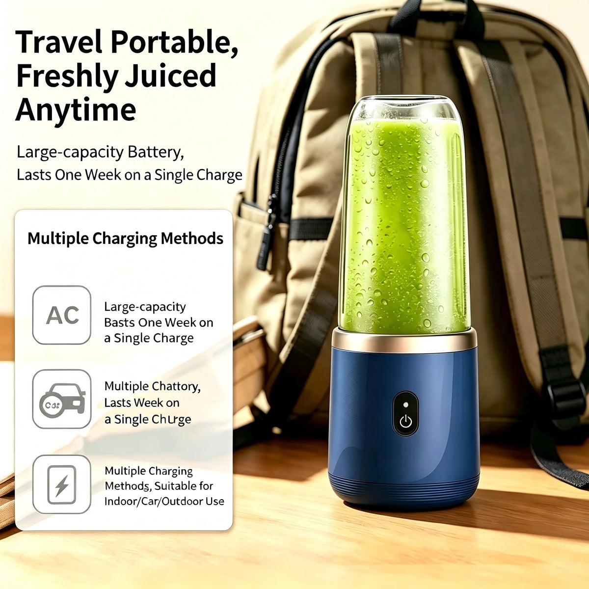 Portable Mini Blender Cup, USB‑C Rechargeable Personal Electric Juicer, Small Fruit Smoothie Mixer for Travel Home Car Outdoor Use