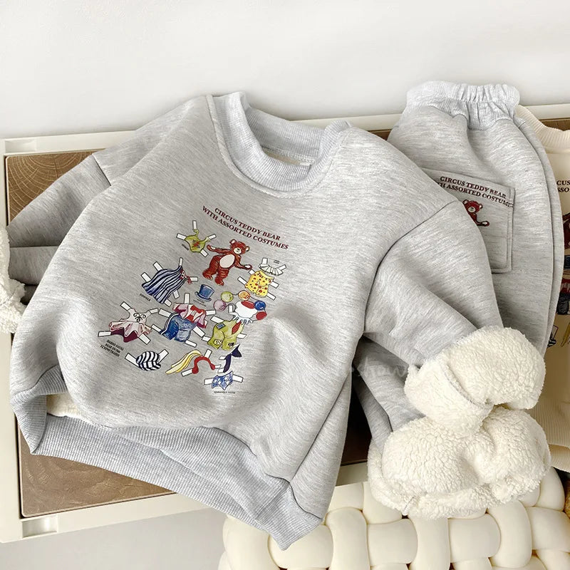 Winter Plush Warm Children's Sets Cute Bear Girls' Boys Thick Cartoon Printed Plush Sweater Pant 2 Pcs Casual Baby Cothes