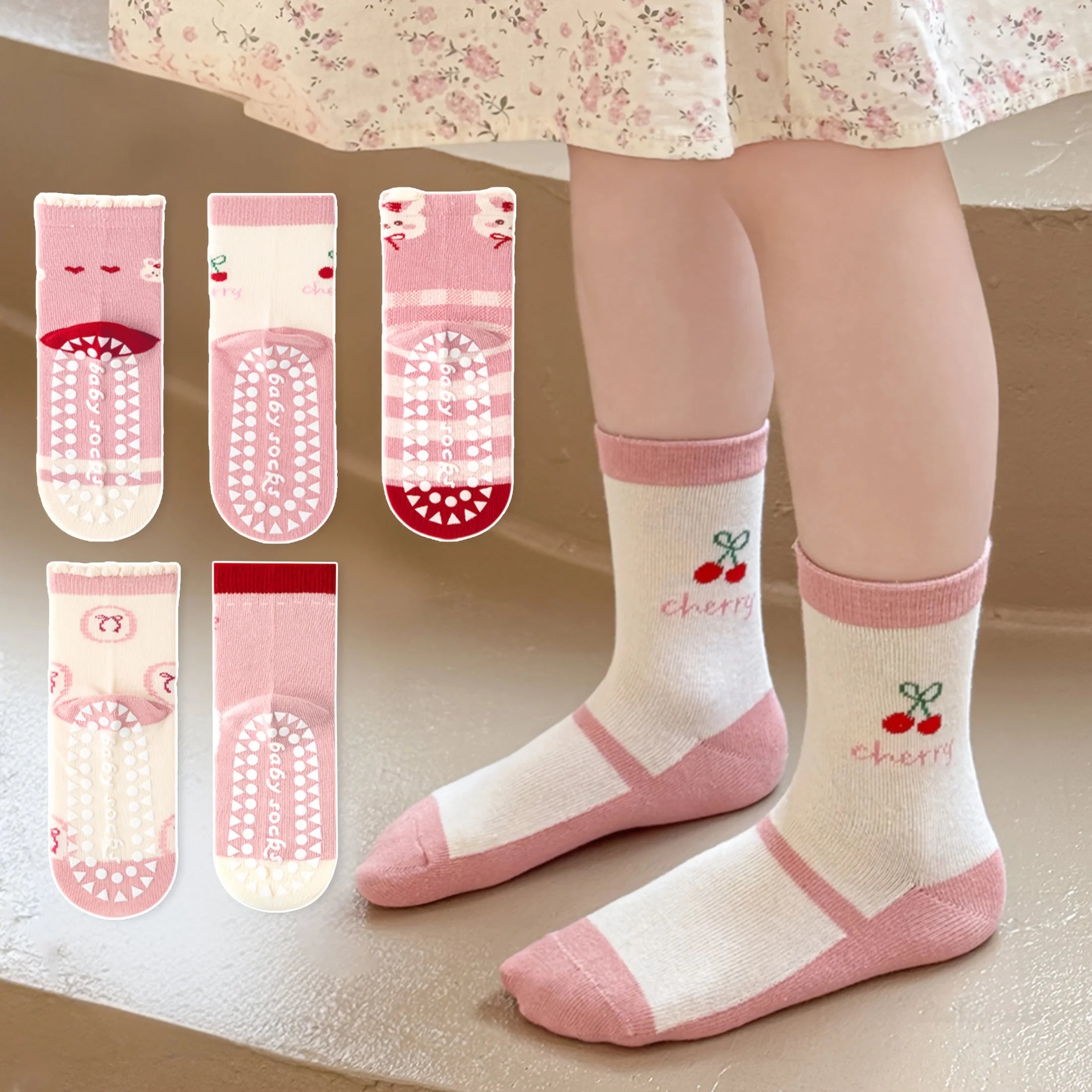 5-Pack Children's Floor Socks with Pink Bow and Bunny Pattern, Non-Slip Soft Sole Indoor Socks for Girls, Babies, and Toddlers, Featuring Cherry Fruit and Letter Designs, Suitable for Casual Daily Life