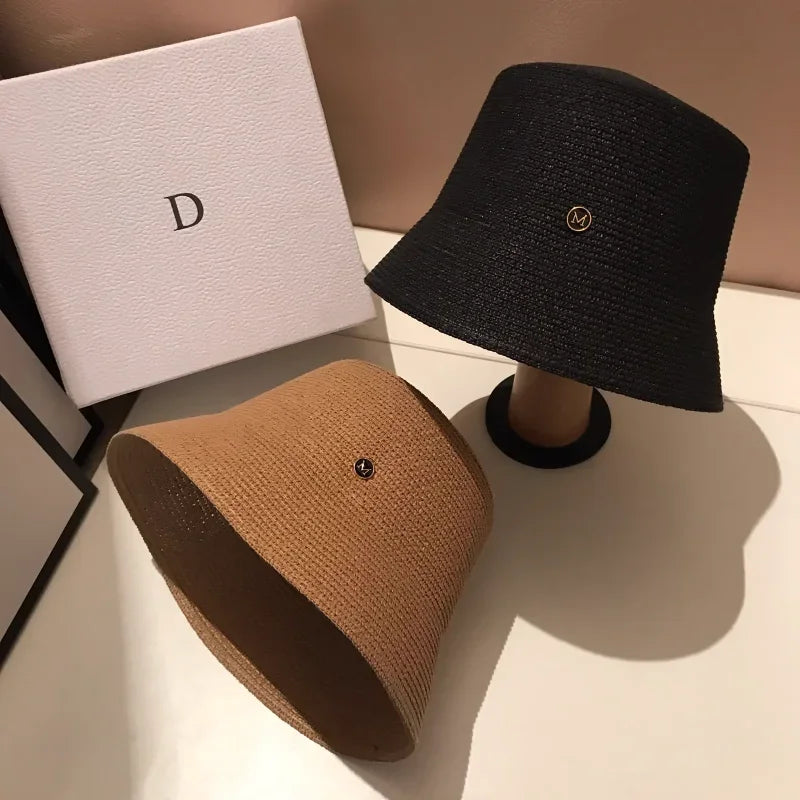 Japanese Designer M Straw Weaving Hat Summer Casual Travel Sunscreen Slim-face Sun Hat Women Luxury Simple Bucket Hats Panama