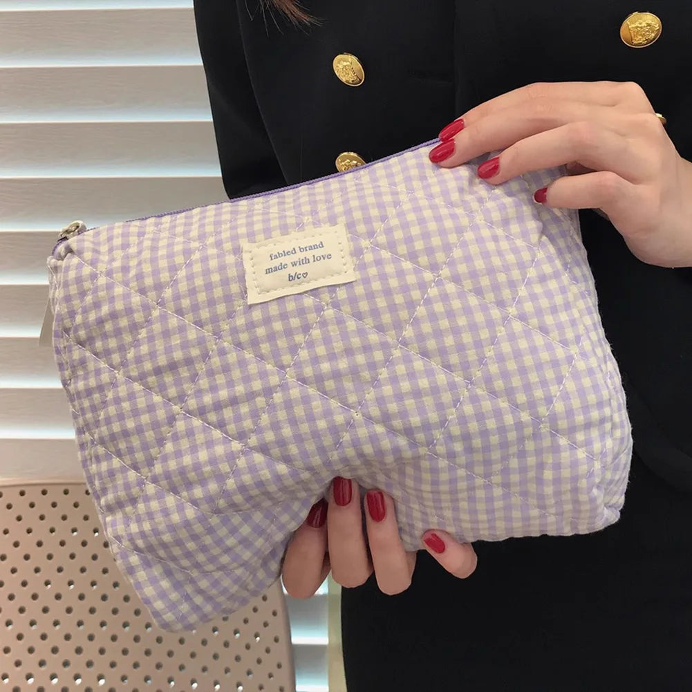 Large Capacity Cotton Makeup Bag Women Checkered Brushes Storage Bag Sweet Cute Travel Toiletry Bag Casual Ladies Soft Organizer