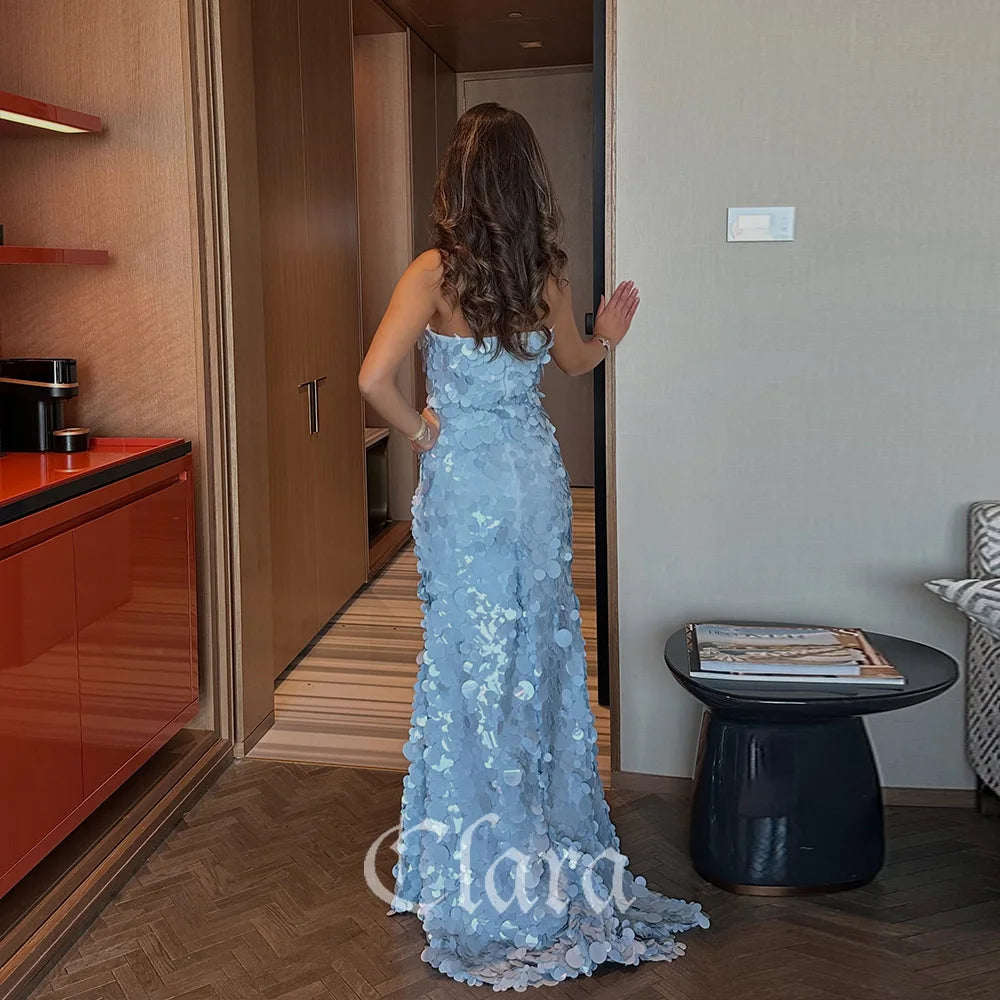 Clara Elegant Sky Blue Sequins Prom Dress Strapless Sweetheart Mermaid Evening Dress With High Side Slit Party Dress Custom