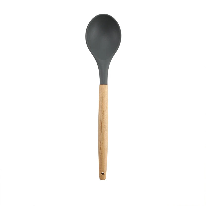 High Temperature Resistant Silicone Kitchenware Set Wooden Handle Shovel Leaky Spoon Tool Cooking Utensil Baking Accessories