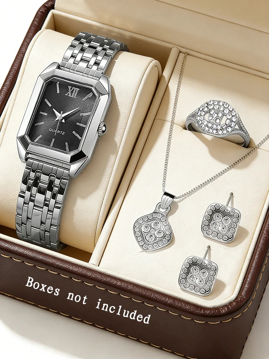 Casual Fashion Square Quartz Watch And Hollow Jewelry Set wi Steel Strap Birthday Gift No Box