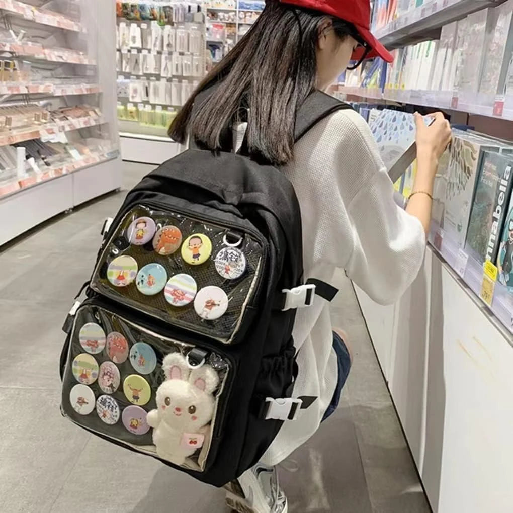 Clear Windows Fashion Women Backpacks for Women Teens DIY Badge JK Pin Display Backpack Solid Multi Pockets Ita Bags