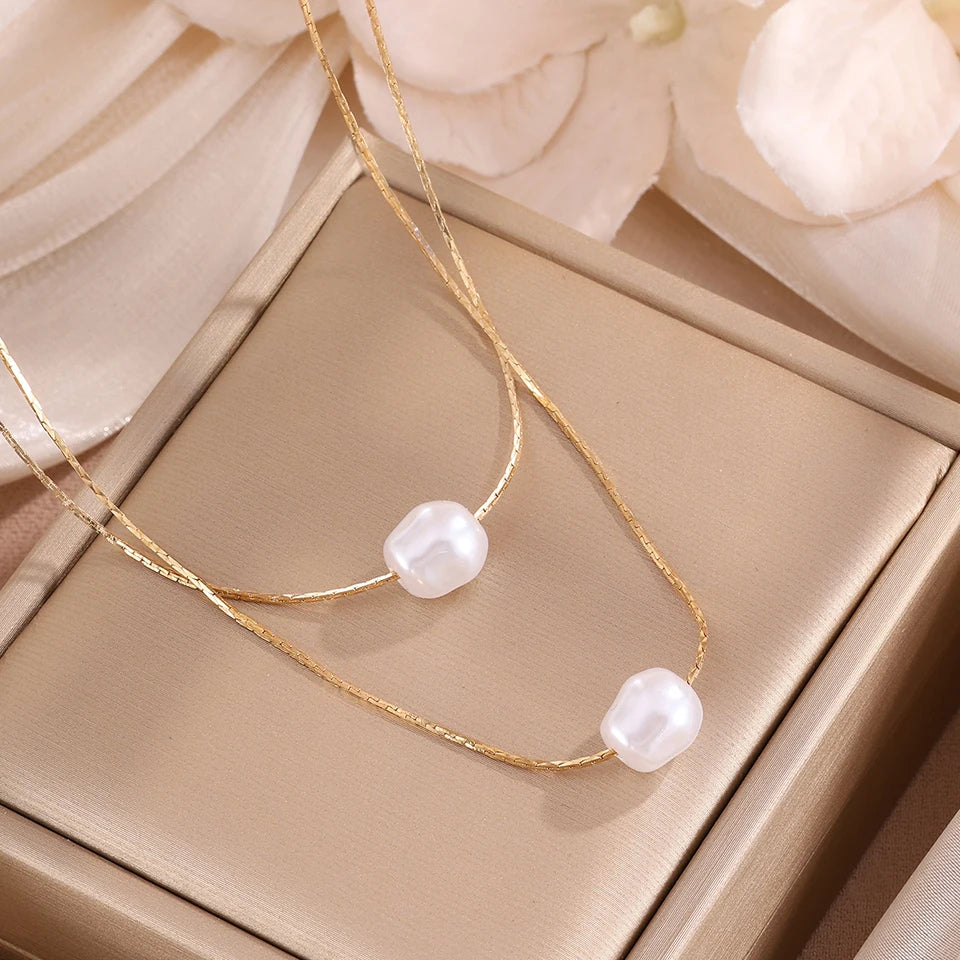 ZAKOL Simple Fashion Gold Color Double Layer Snake Chain Necklace Imitation Pearl Pendant Necklaces Choker Accessories