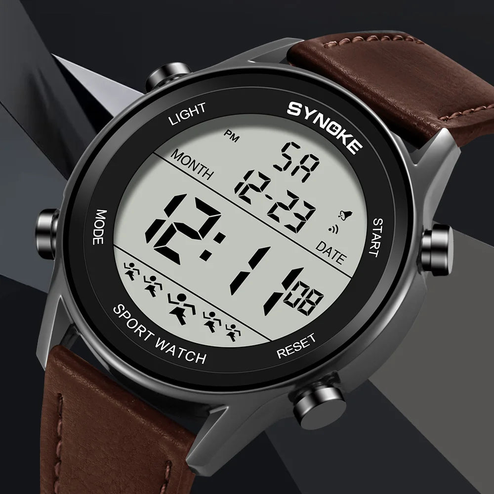 SYNOKE Men Outdoor Sports Multifunctional Waterproof Large Screen Display Luminous LED Digital For Men Fashion Belt Watch
