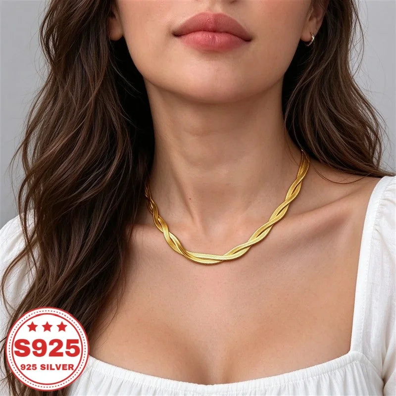 Twisted Herringbone Necklace, 18K Plated S925 Sterling Silver, Intertwined Flat Snake Chain, Unisex Fashion Jewelry, Daily Wear, Anniversary Birthday Holiday Gift, Buy Three Get One Free