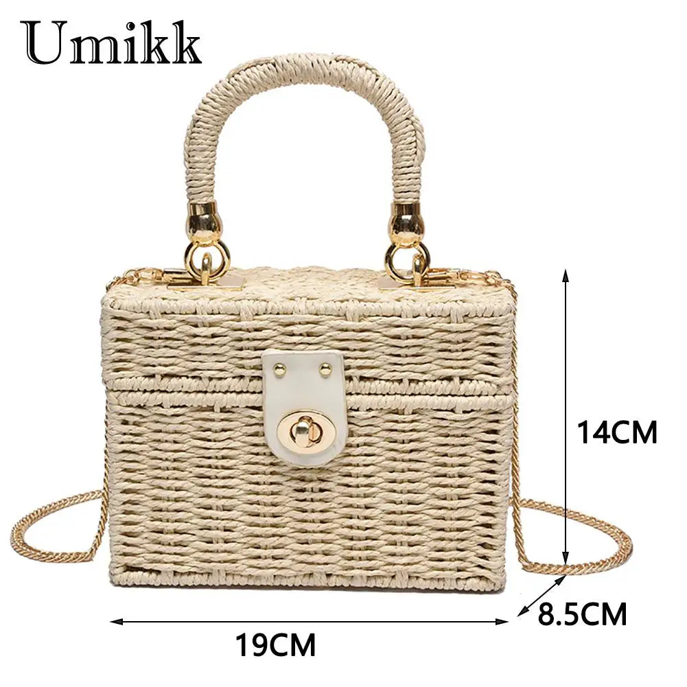 Rattan Straw Shoulder Bag Women Boho Hand-Woven Basket Messenger Pouch Summer Beach Square Box Top-handle Handbag