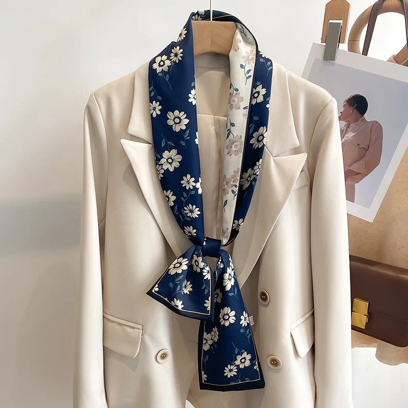 Floral Print 12*145cm Long Ribbon Silk Scarf Women Neck Scarves Headband Female Skinny Neckerchief Hair Band Neck Tie Bag Ribbon
