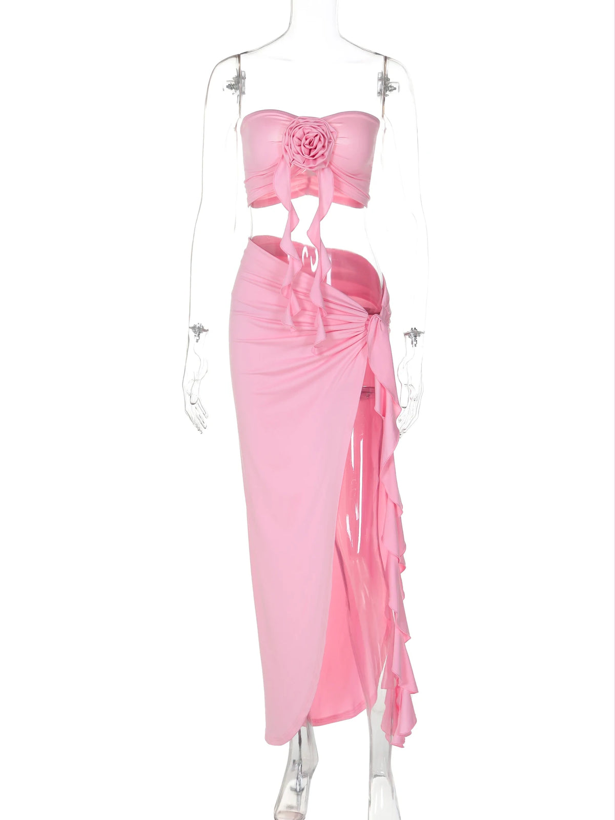 Hugcitar Elegant 2 Pcs Sets Strapless Tie Flower Draped Sexy Crop Tank Top Slit Tassel Maxi Skirt Women Outfit Birthday Festival