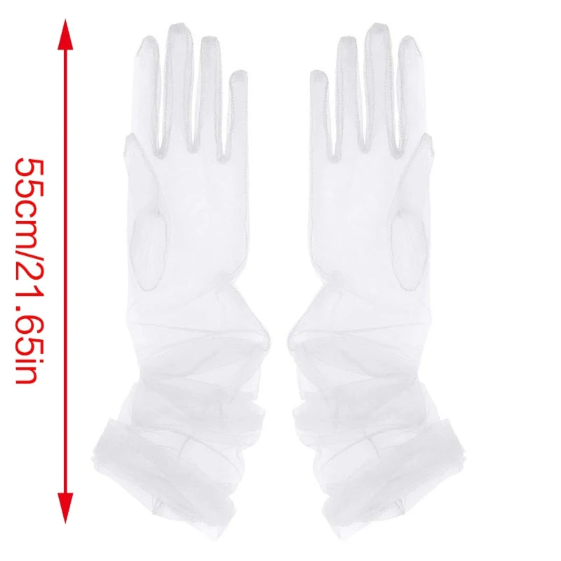 Long Thin Mesh Gloves Pearls Lace Gloves Summer Ruched Tulle Pearls Mittens Fingerless Gloves for Wedding Party Dress Costume