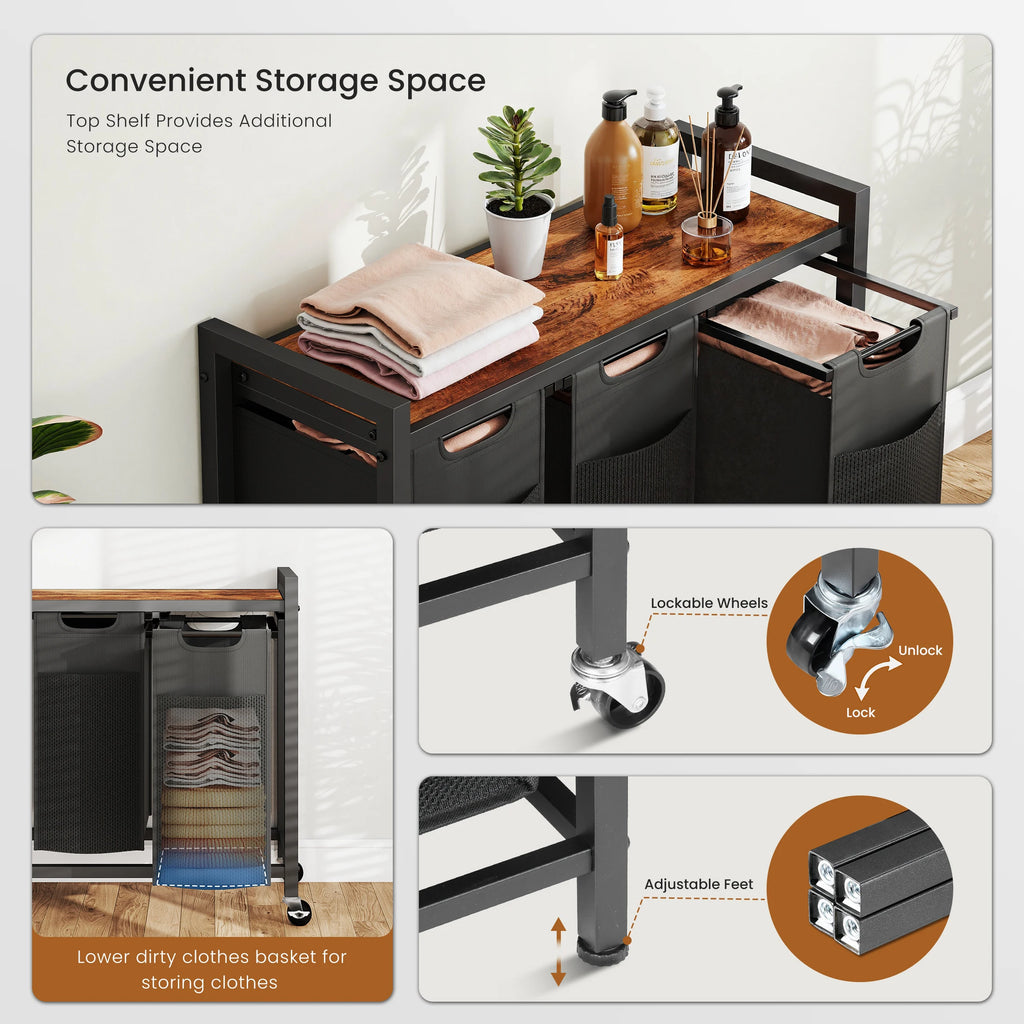MCQ 36IN Laundry Hampers with Movable Wheels Metal Frame and Pull-Out Removable Sorter Bags Clothes Basket Organizer for Home