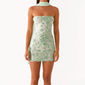 Women Y2K Soild Color Summer Mini Bandeau Dress Sleeveless Off Shoulder Flower Embroidery Tube Top Dress with Scarf