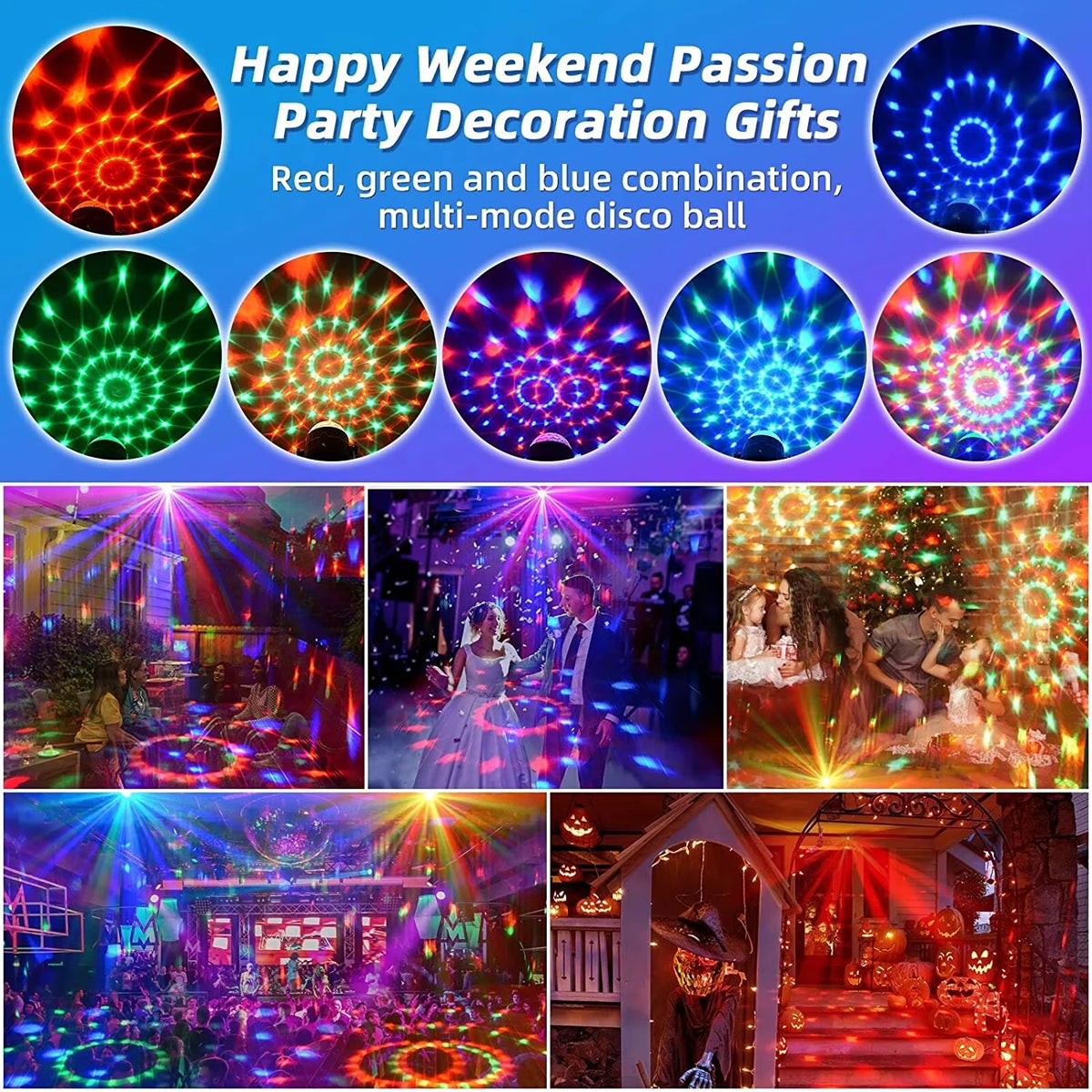 RGB Sound Activated LED Disco Ball Light with Remote Control Rotating DJ Stage Lamp for Home Car Party Club Christmas Decoration