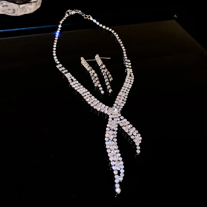 Sparkling Rhinestone Necklace Drop Earrings For Women Geometric Water Droplet Pendant Necklaces Wedding Bride Jewelry Sets