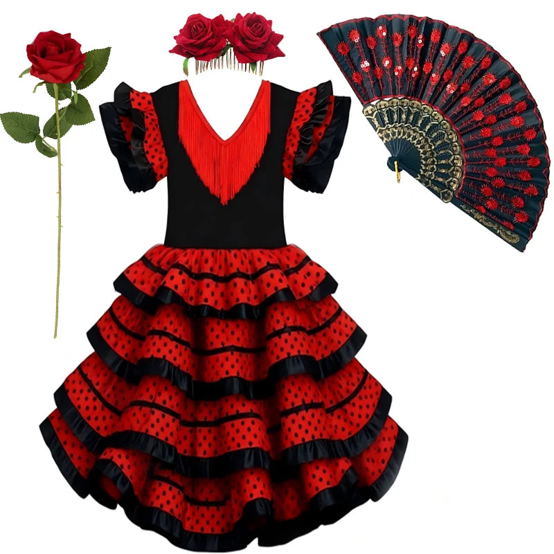 Girls Spanish Flamenco Dress Red Polka Dot Cake Puff Kids Carnival Halloween Party Stage Show Cosplay Festival Dance Costume