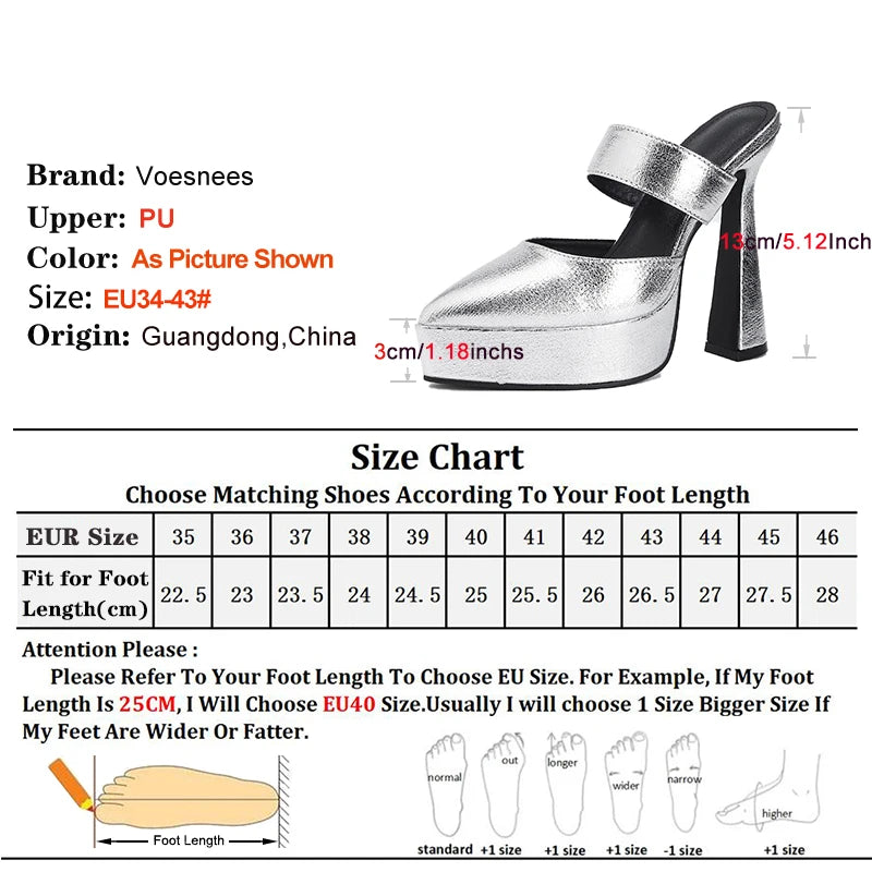 Silvery Slippers For Ladies 13CM High Heels Fashion Sharp tip Thick Sole Sandals Summer Slip-on Platform Versatile Women Shoes