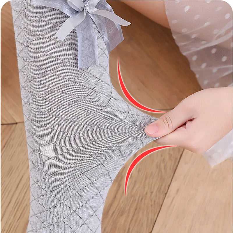 Knee High Girls Socks for Kids Children Golf Cotton Bow Long Tube Stitch Sock Baby Toddler Little Princess Popular Tall Calf