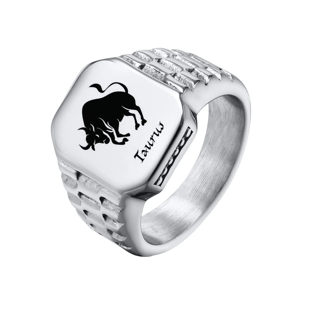 Free Custom 12 Zodiac Signet Rings for Men,Personalized Stainless Steel Finger Birthday Gift to Dad Father Husband Son
