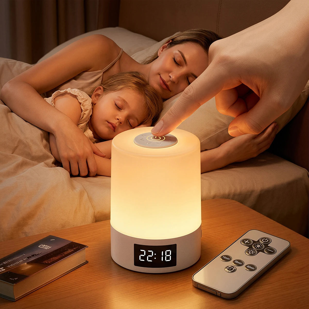 Touch Control LED Night Light with Clock Timer Remote Control USB Bedside Lamp Dimmable 3 Color Temperature Bedroom Sleep Lamp