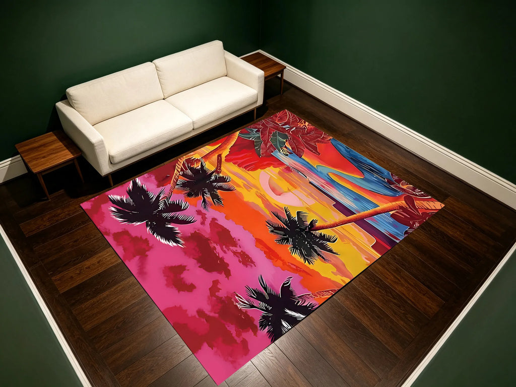 Large Area Rug Retro Contrasting Palm City Print Soft Velvet Living Room Bedroom Home Decor Area Rug