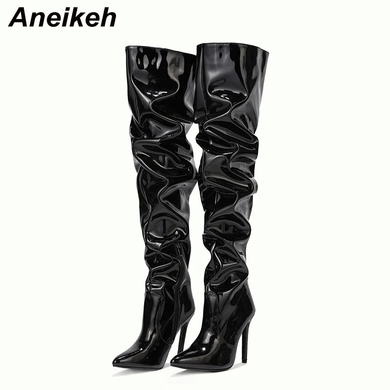 Aneikeh Patent Leather Over The Knee Chelsea Boots Women Shoes Heels Fashion Solid Sexy Thin High Heel Side Zippers Boots Female