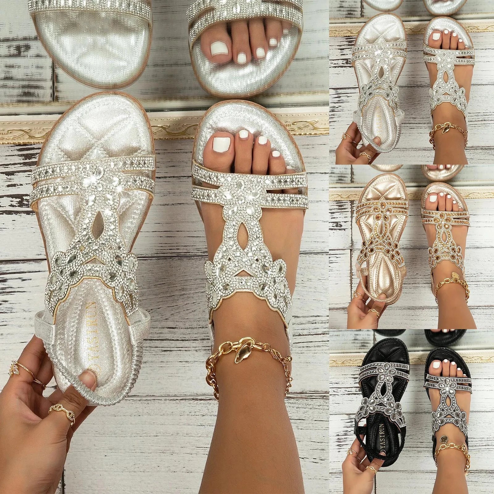 New Crystal Wedge Gladiator Sandals Women Summer Elastic Band Clip Toe Thong Sandals Plus Size Non Slip Boho Beach Shoes Woman