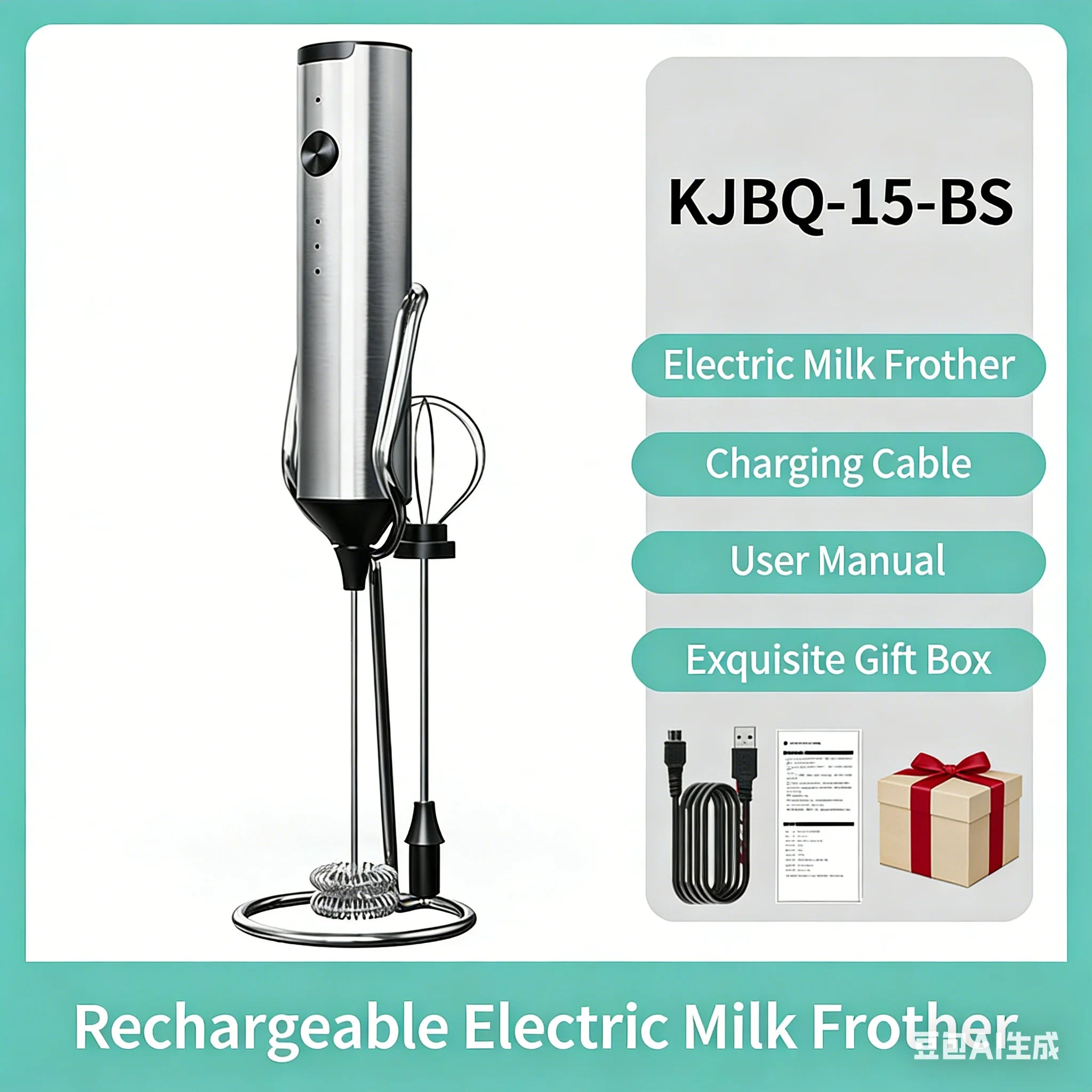 TINSOL Stainless steel electric milk frother, wireless milk frother, equipped with two types of whisks, Type-C rechargeable